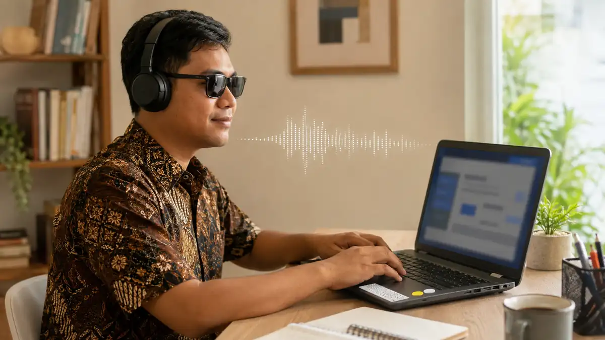 Pengguna tunanetra memakai laptop dan headphone untuk belajar menggunakan pembaca layar NVDA