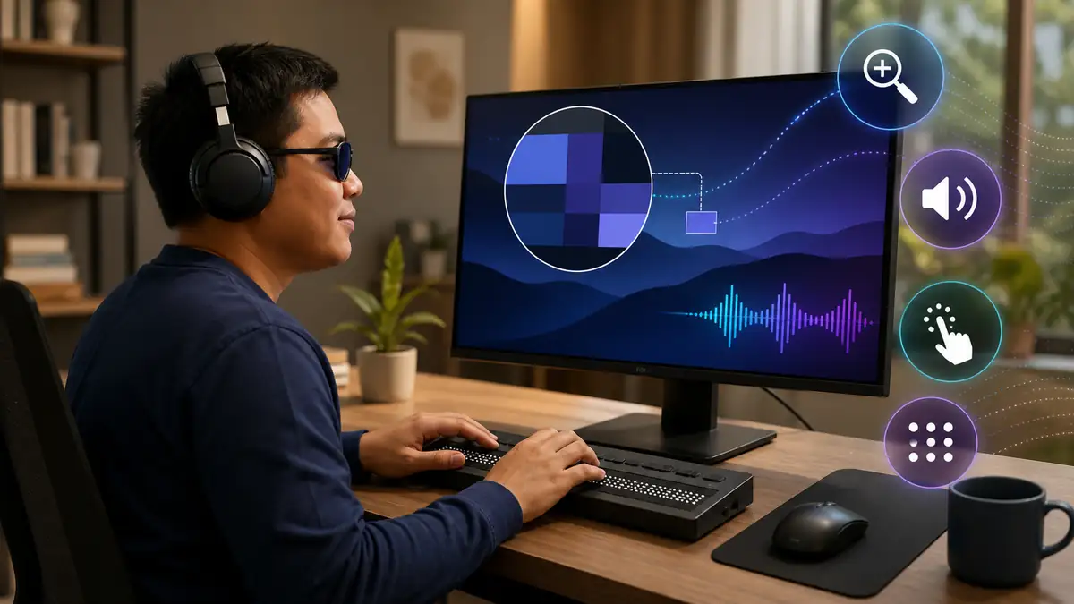 Pengguna tunanetra memakai NVDA 2026.2 dengan headphone dan perangkat braille di komputer